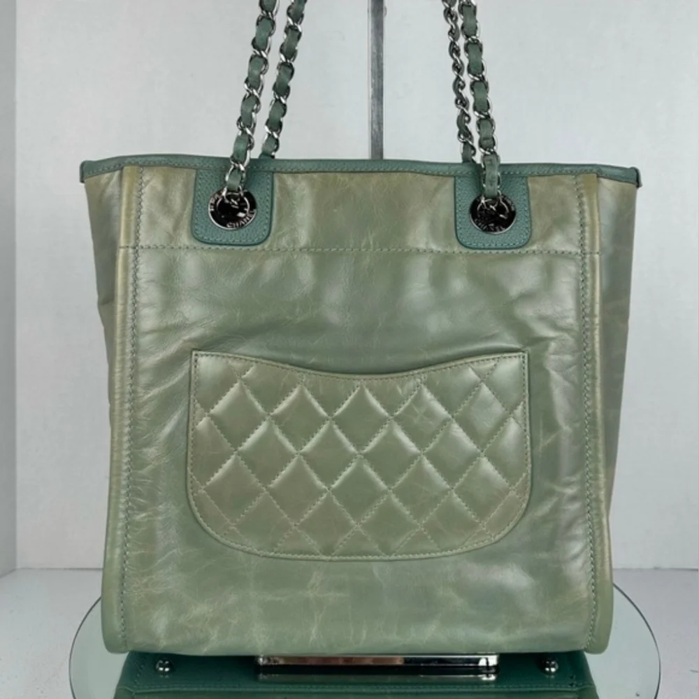 Chanel Logo Deauville Leather Tote Bag In Sage